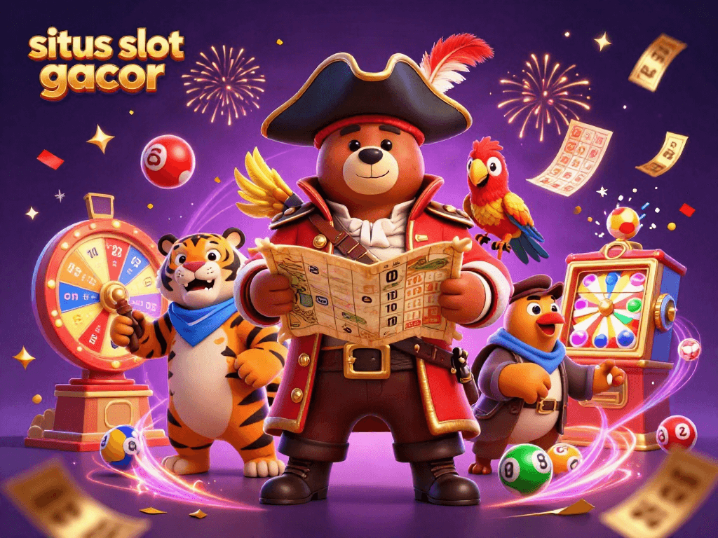 Engage with situs slot gacor in a vibrant, 3D pirate-themed illustration featuring lottery elements.