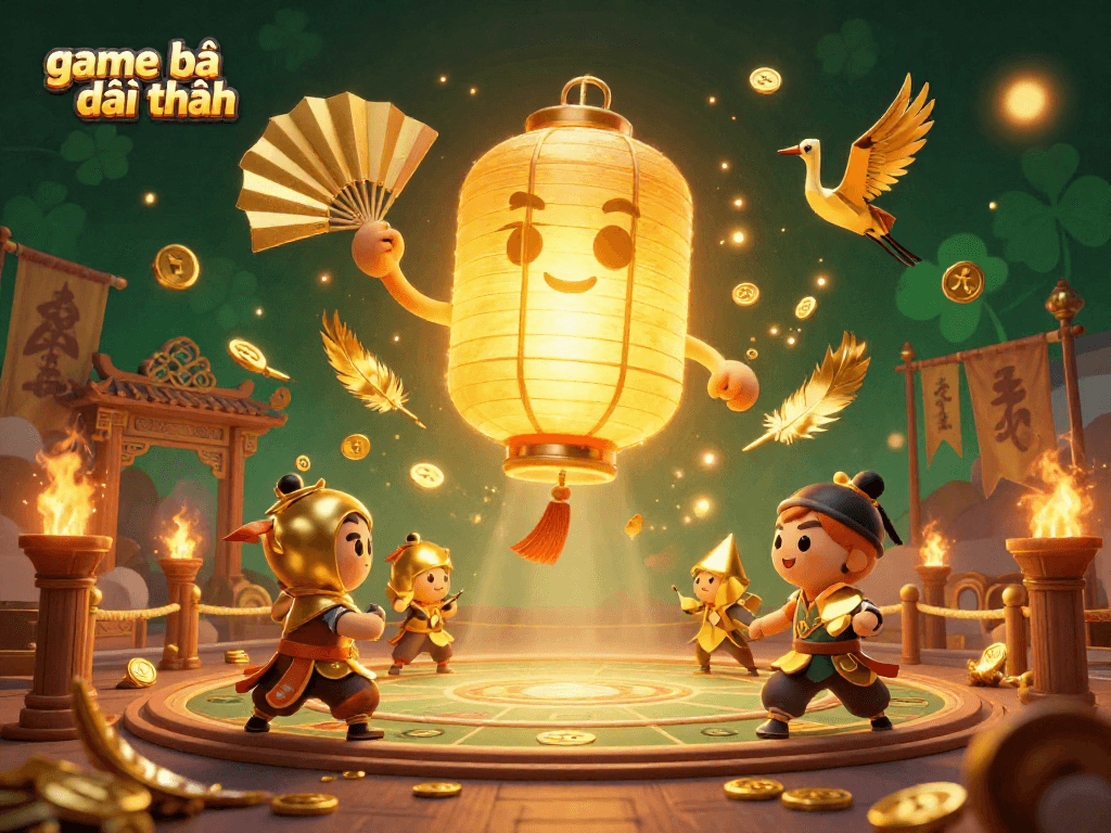 Experience game bài đổi thưởng with golden lantern spirit and warriors in a vibrant casino scene.