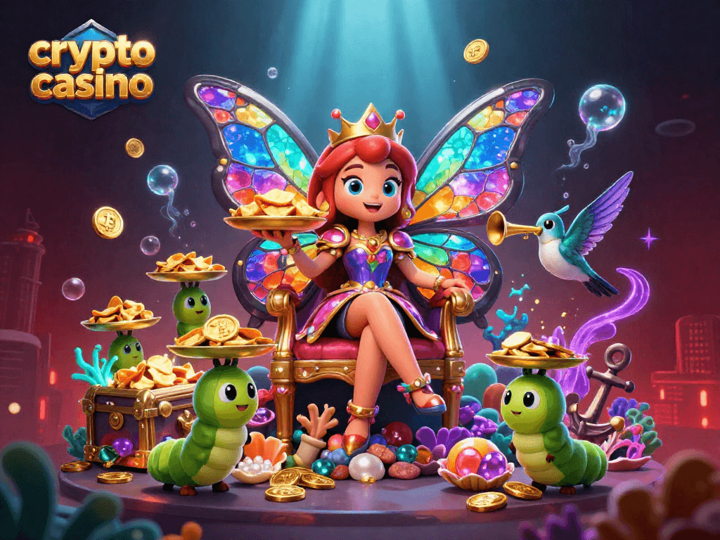 Engage in an exciting crypto casino experience amidst vibrant underwater treasures and characters.