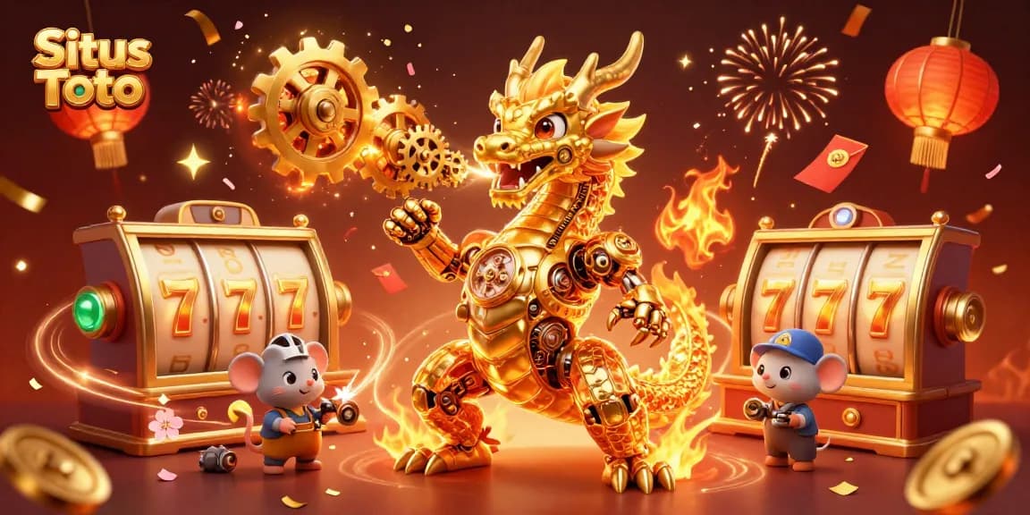 Mengaktifkan keberuntungan di Situs Toto dengan naga emas mekanis dan unsur permainan slot yang memikat.