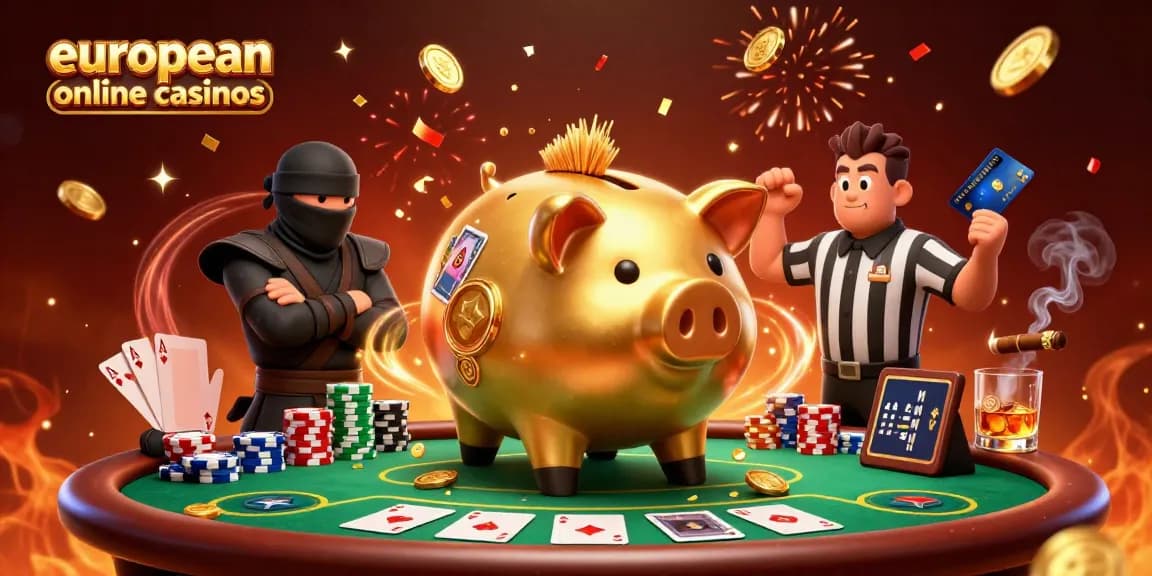 Experience thrilling gameplay at european online casinos where a golden piggy bank sumo wrestler battles with a ninja and samurai referee.