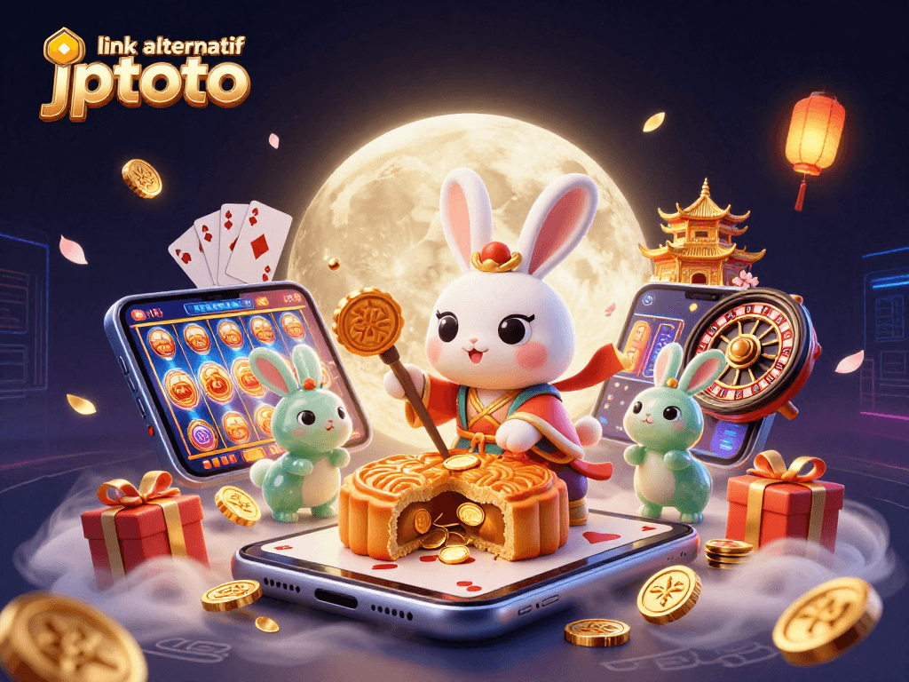Engage with link alternatif jptoto as the moon rabbit reveals poker chips within golden mooncakes, surrounded by casino elements.