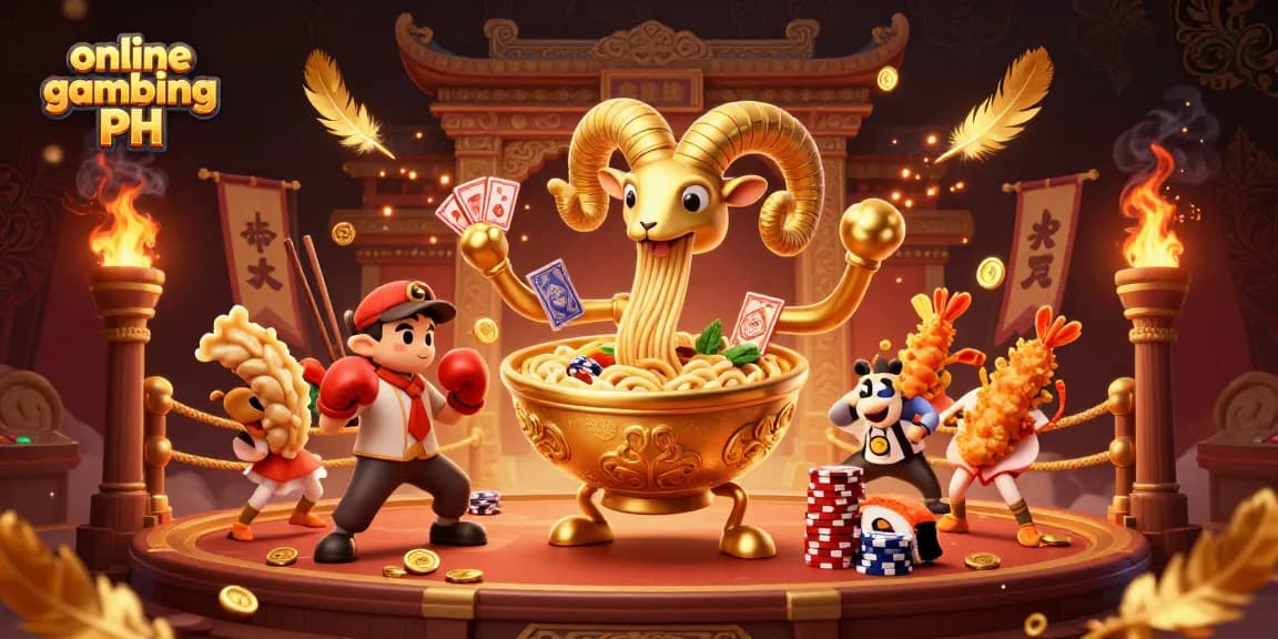 Engage in online gambling PH excitement with a vibrant 3D scene featuring a golden ramen bowl dealer and cheerful sushi roll.