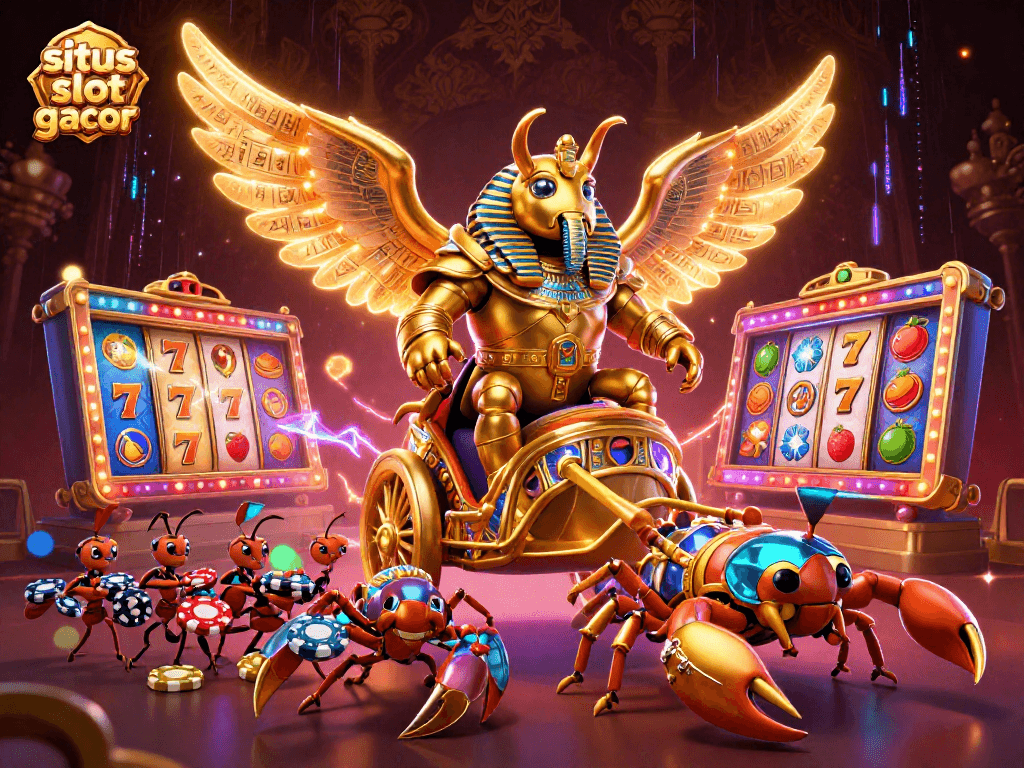 Experience excitement with situs slot gacor featuring a golden scarab beetle, vibrant slot reels, and thrilling gaming elements.