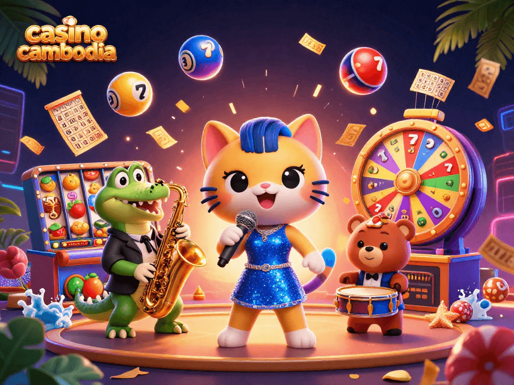 Engage with the vibrant atmosphere at casino cambodia with cartoon characters celebrating casino games.