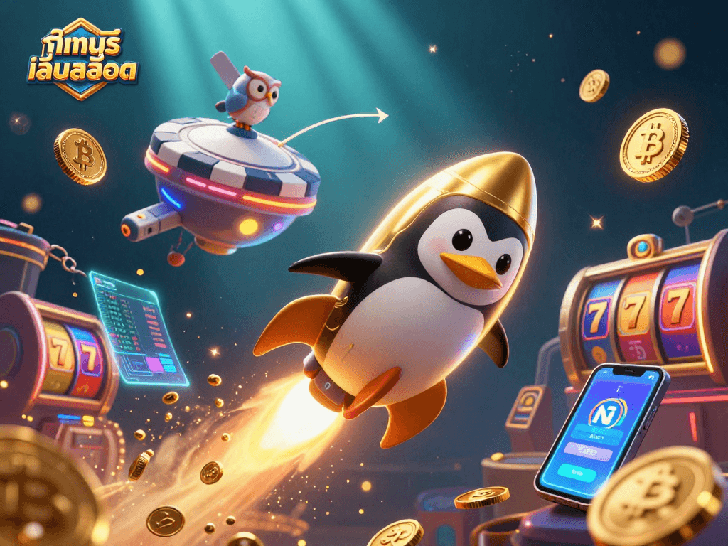 Engage in ทดลองเล่นสล็อต with vibrant 3D casino gaming elements featuring a penguin and NFTs.