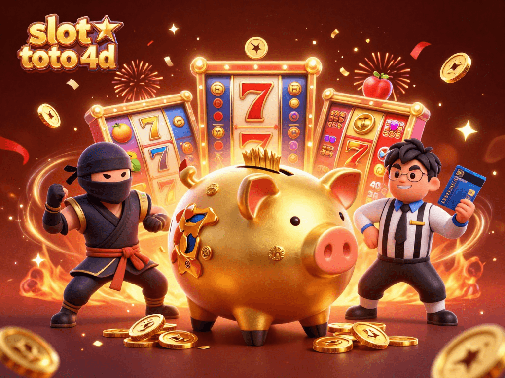 Celebrate wins with slot toto 4d featuring a piggy bank sumo wrestler amidst vibrant casino action.