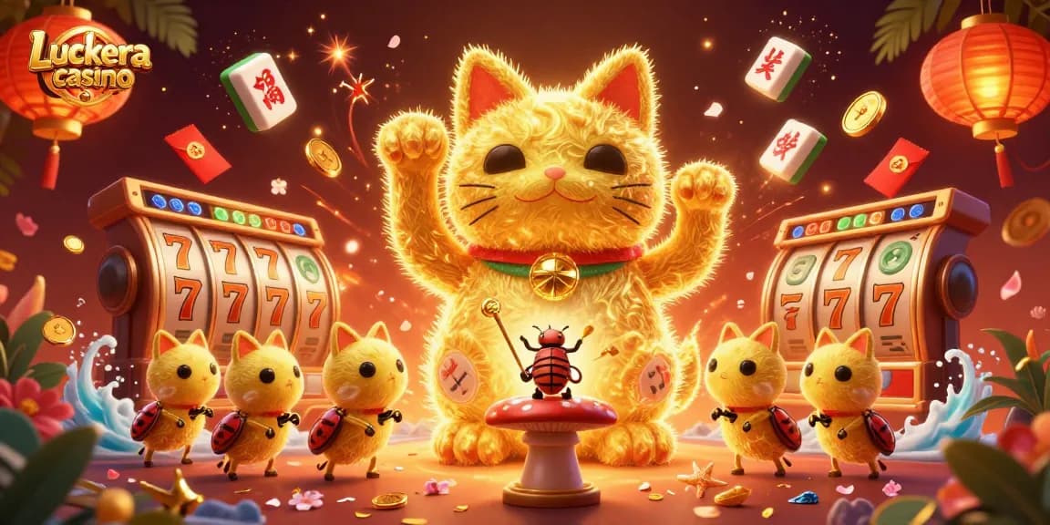 Experience the excitement of Luckera casino with a vibrant illustration showcasing dynamic casino symbols and a lucky cat.