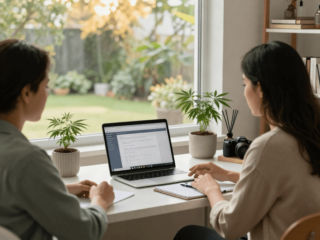 Medical Marijuana Card Online consultation with a professional in a serene home office.