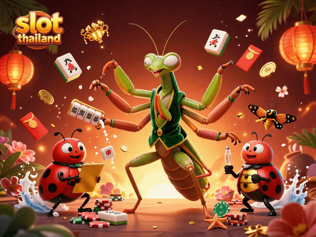 Engage with slot thailand's vibrant 3D casino scene featuring a mantis dealer and lucky symbols.