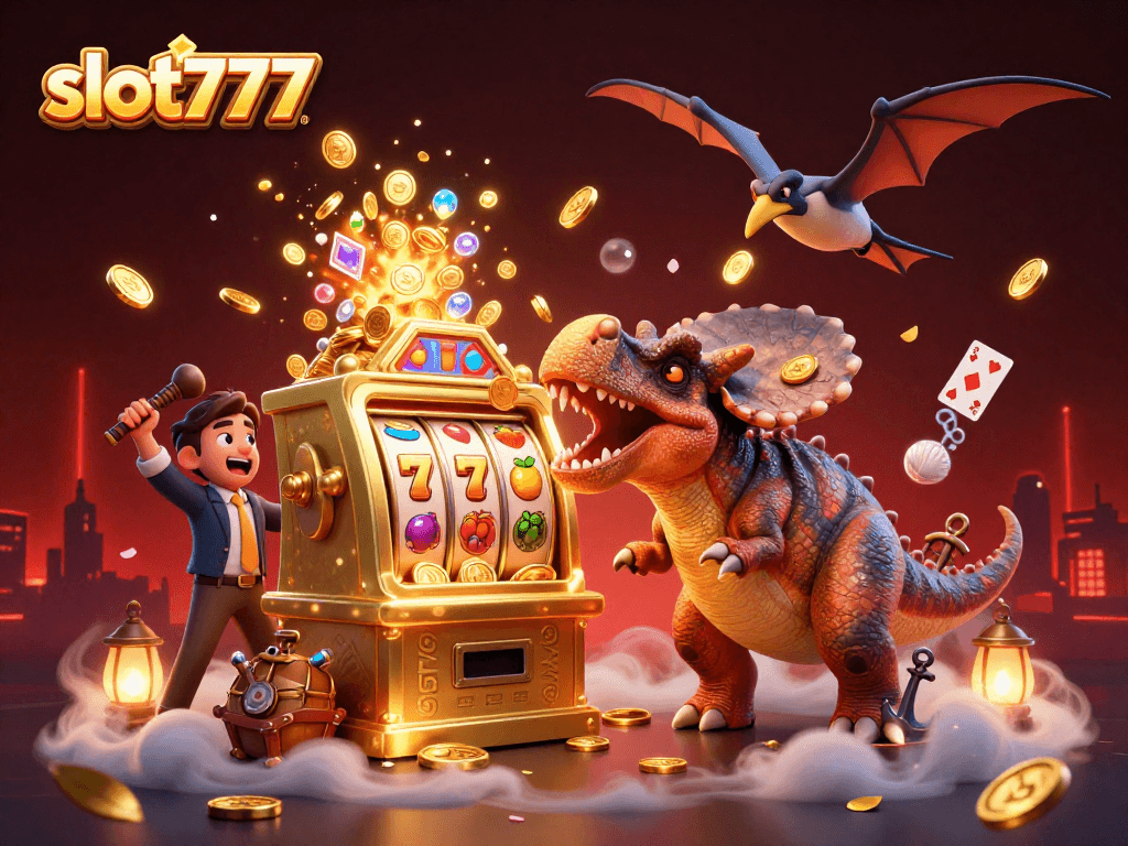 Experience excitement with slot777 as a dinosaur wins jackpots from a golden slot machine.