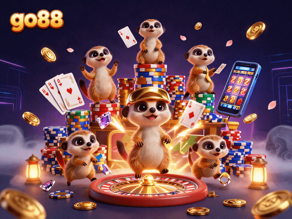 Go88 meerkat casino operation showcasing animated gaming excitement and vibrant visuals.