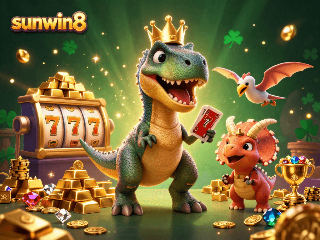 Experience the excitement of sunwin8 as a cartoon T-Rex tackles poker with a pterodactyl assistant amidst gold and jewels.