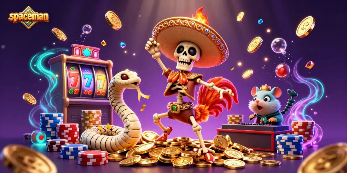 Spaceman skeleton rooster celebrates a jackpot on colorful slot reels surrounded by casino elements.