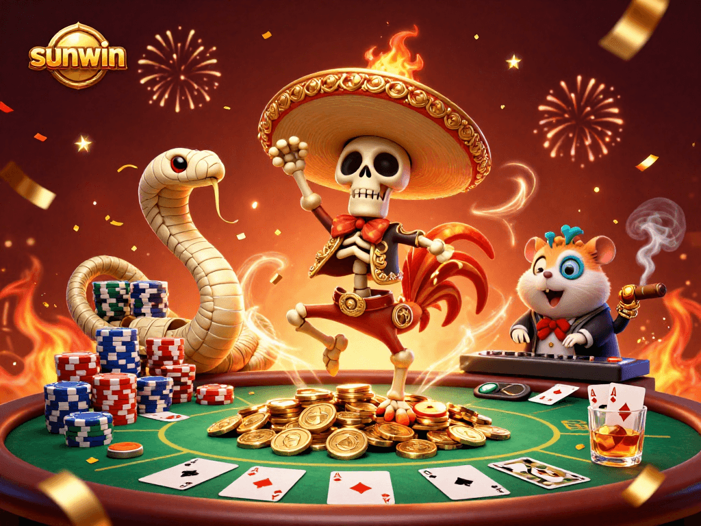 Experience the thrill of sunwin casino with vibrant characters celebrating around poker elements.