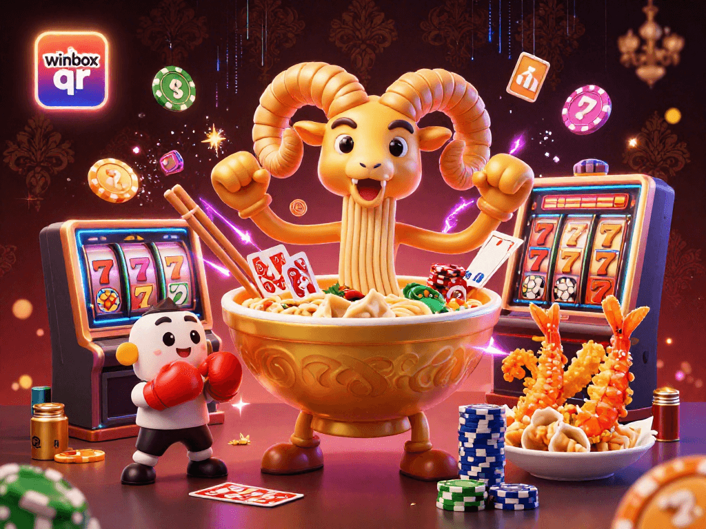 Try your luck with winbox qr featuring a giant golden ramen bowl dealer surrounded by vibrant casino elements.