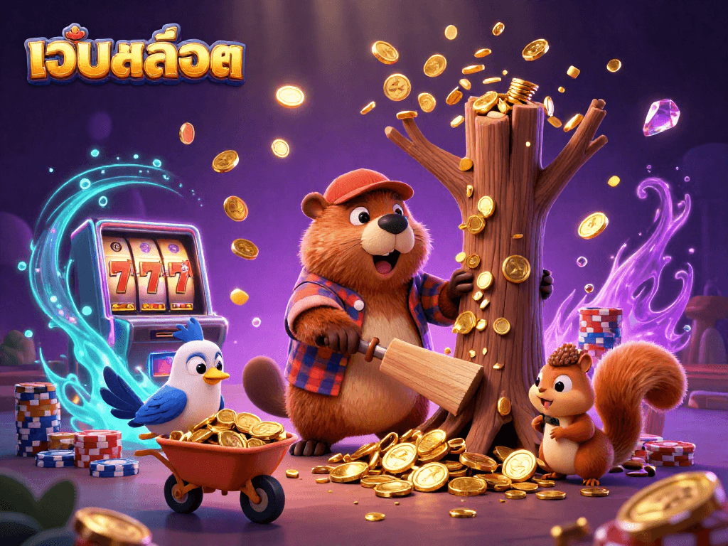 Experience เว็บสล็อต with a 3D cartoon lumberjack beaver collecting golden coins and jackpots.