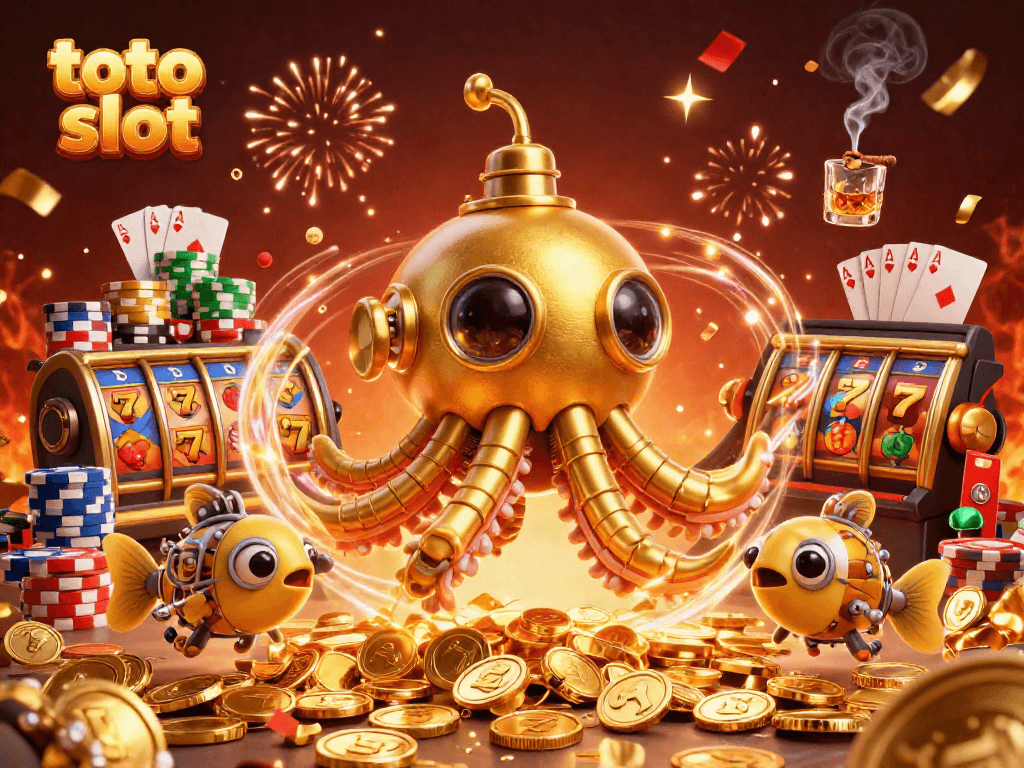 Engage with the immersive toto slot gaming experience featuring a golden kraken and vibrant casino elements.