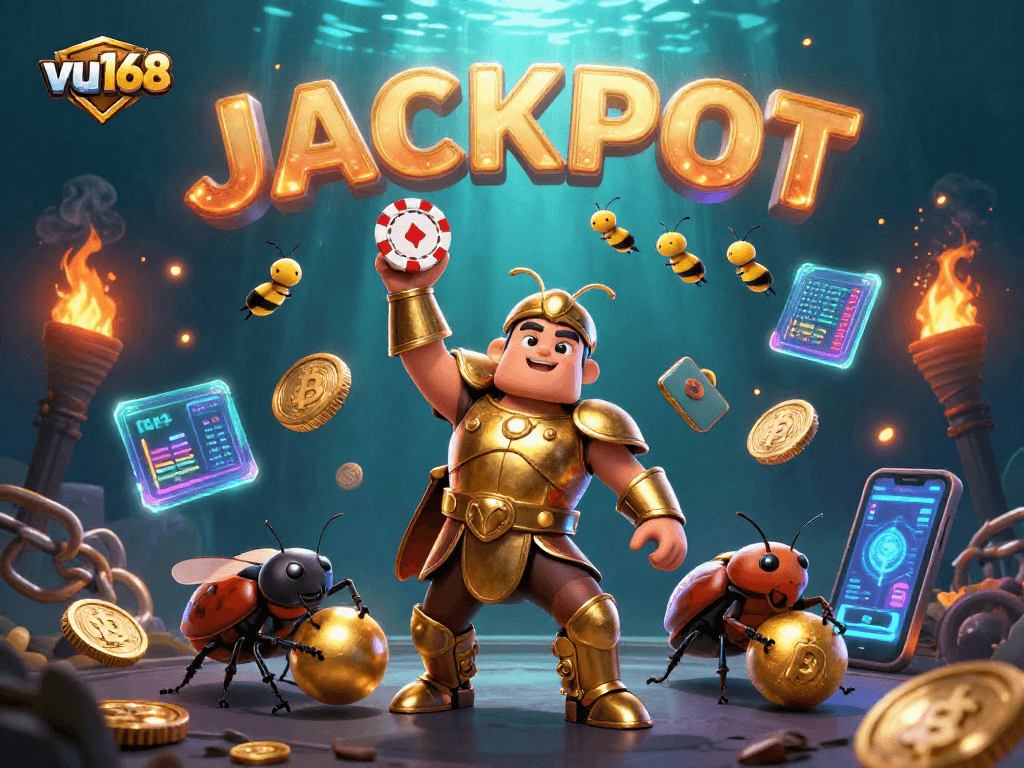 Bet on vu168 with a victorious beetle champion lifting a poker chip in a dynamic casino scene.