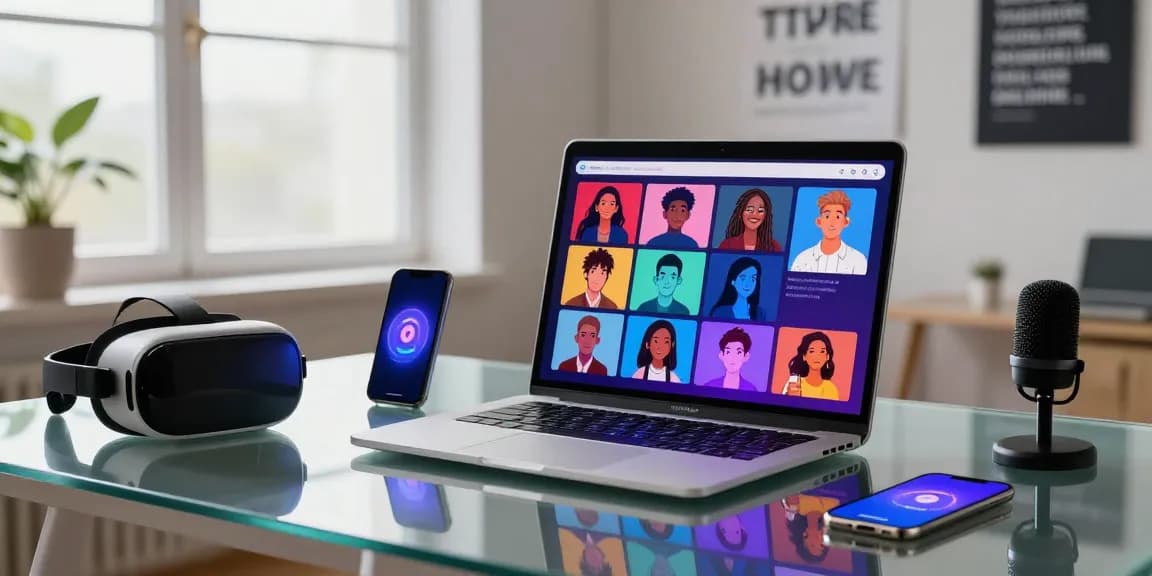 Engaging AI spicy chat experience with vibrant character avatars and modern tech in a home office