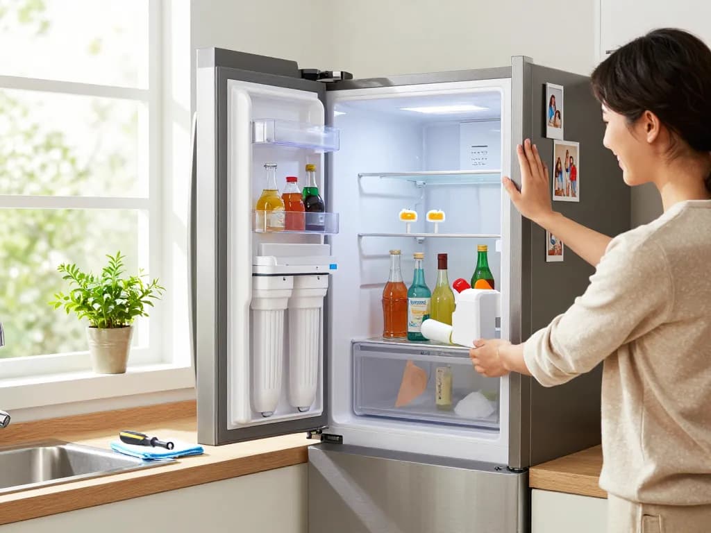 Replacing the Overbest DA29-00020B Refrigerator Water Filter in a bright, modern kitchen setting.