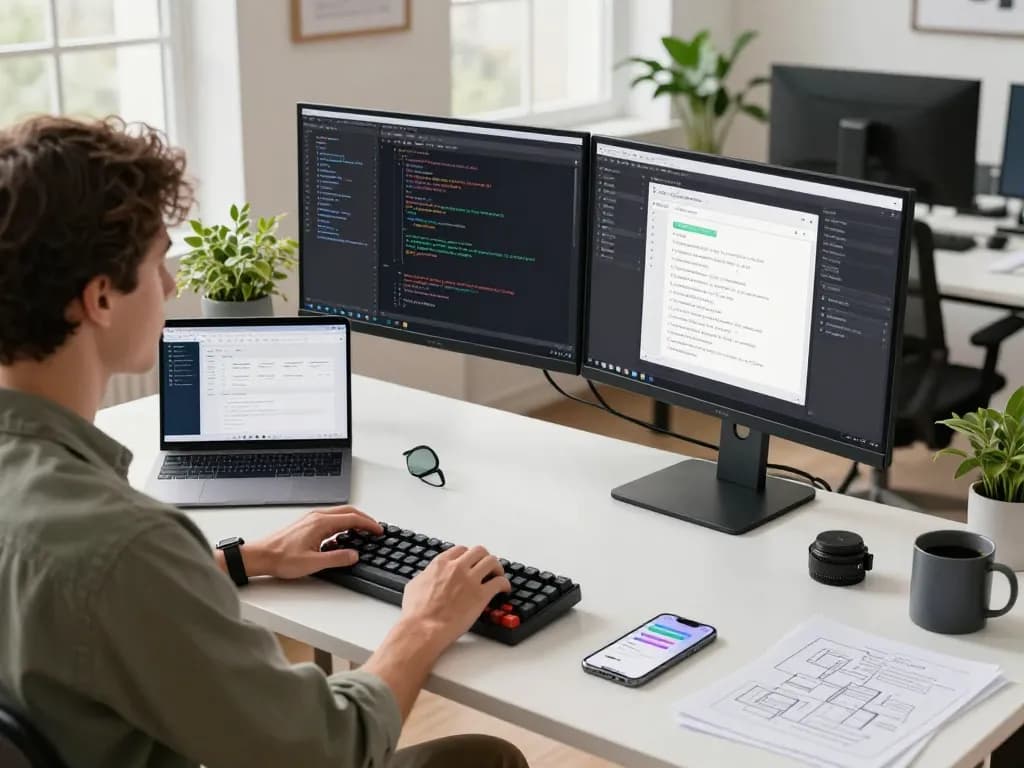 Developer working with OpenClaw AI in a modern workspace, featuring code on dual monitors and project management tools.