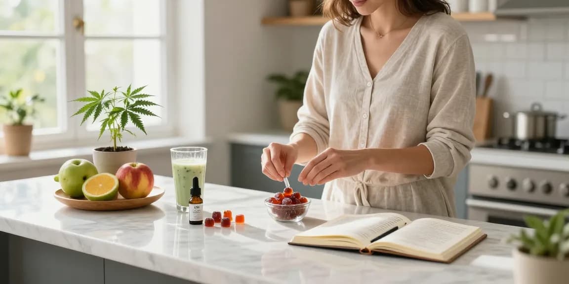 THC edibles UK gummies displayed with CBD oil and fresh fruits in a bright kitchen, promoting wellness and natural relaxation.