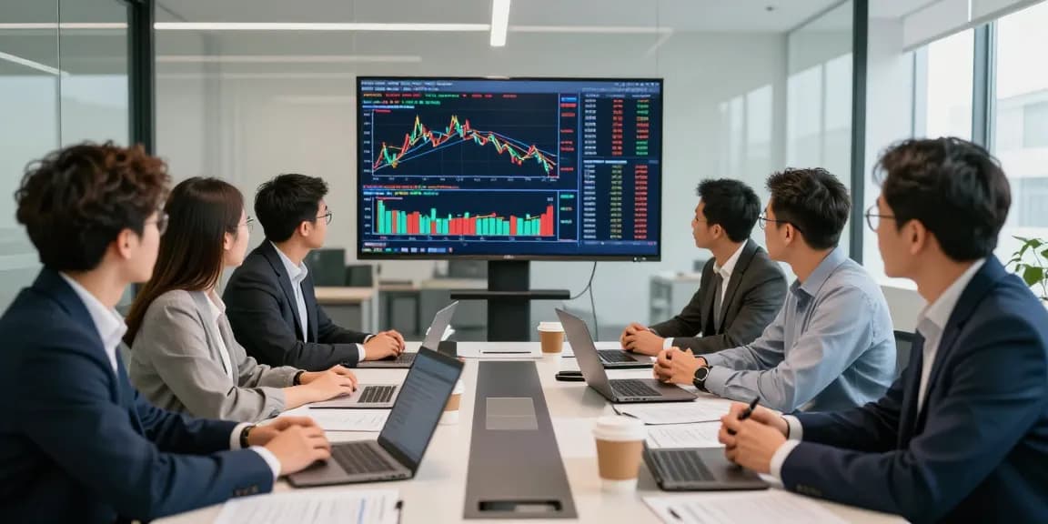Traders mempelajari pilihan prop firm terbaik dengan kakakjudi di ruang pertemuan modern.
