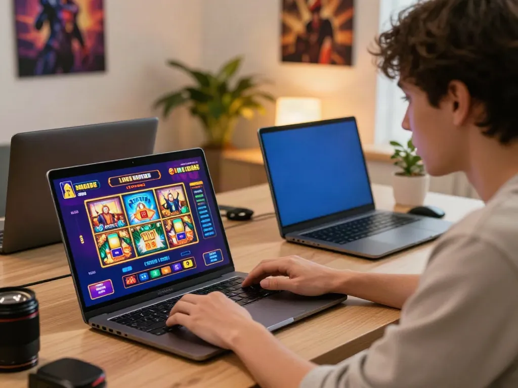 A user immersed in online gambling, playing akunjp slot games on a laptop.