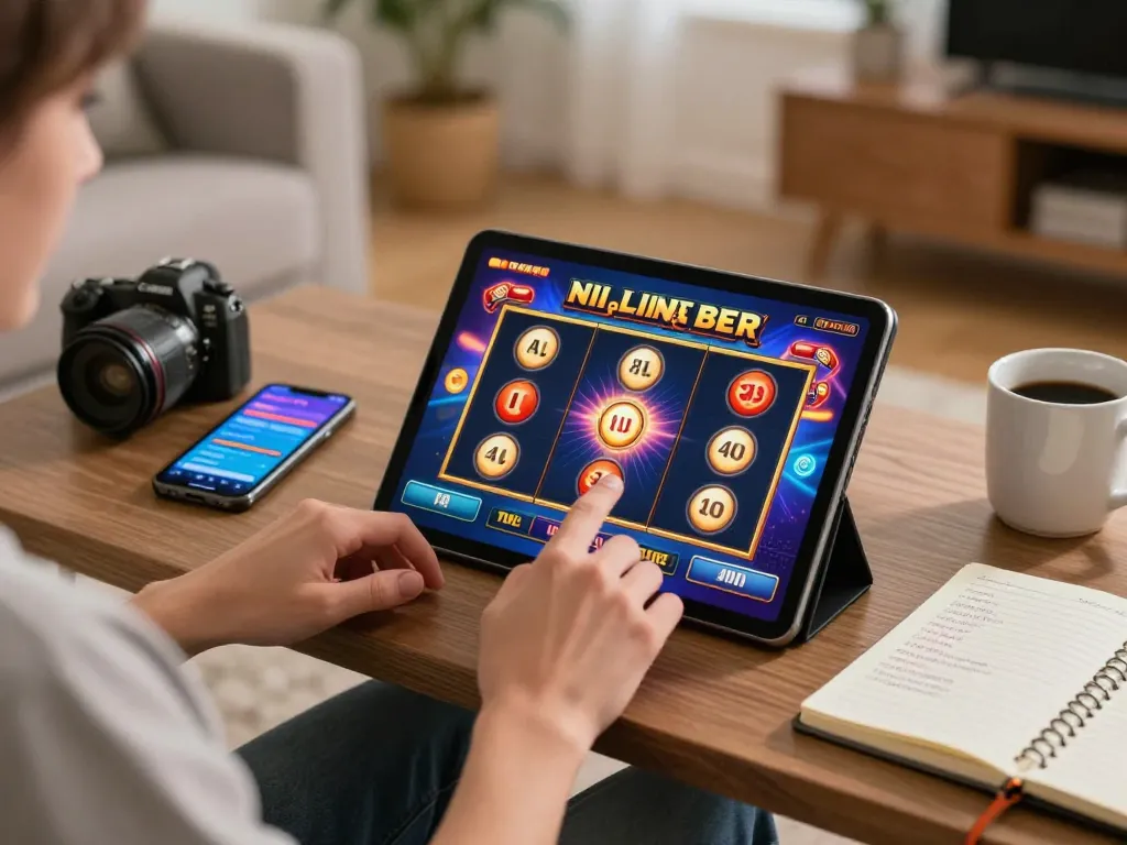 Engaging gameplay on a situs toto platform with a vibrant slot game displayed on a tablet.