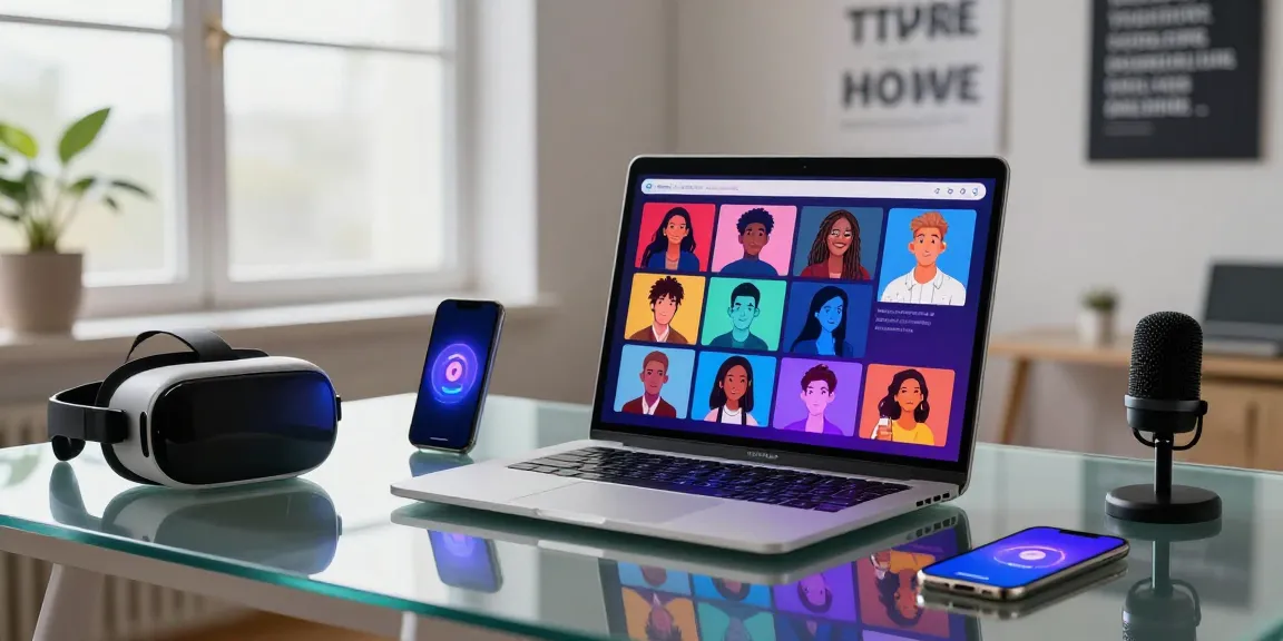 Engaging AI spicy chat experience with vibrant character avatars and modern tech in a home office