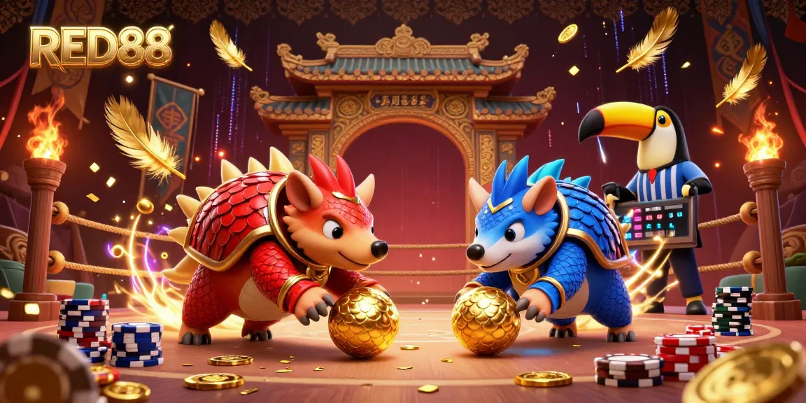 Experience the thrill of RED88 as cartoon pangolins compete in a vibrant casino scene filled with chips and golden coins.