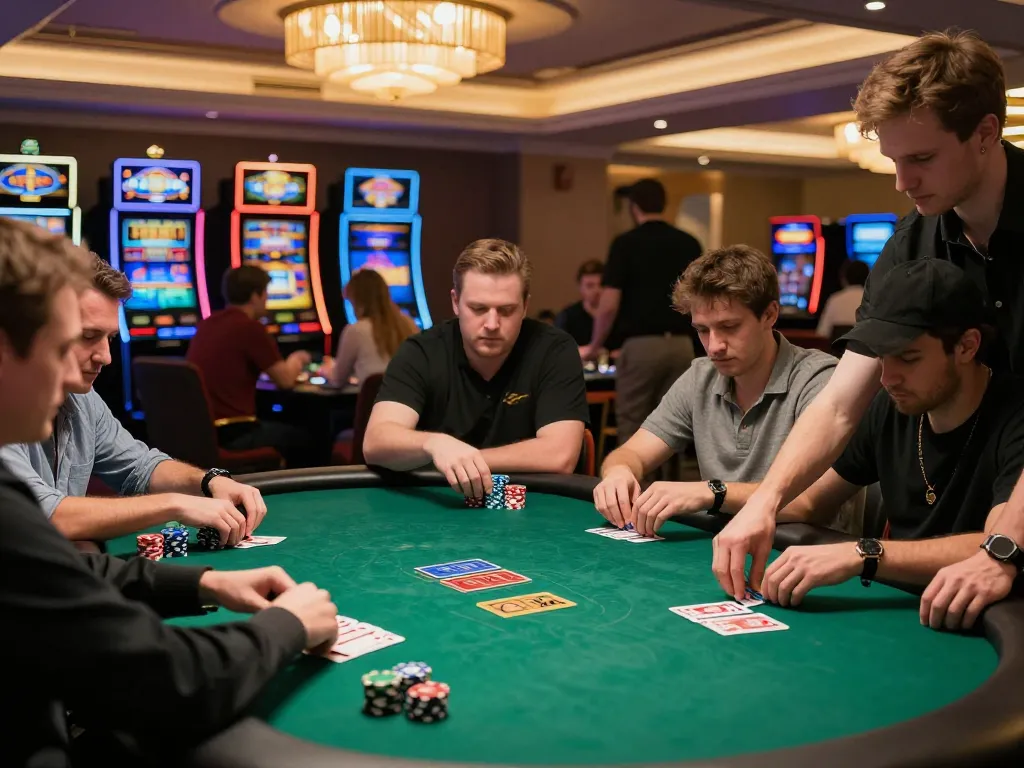 Players at an upscale poker table in tr88 casino, focused on strategy and gameplay.