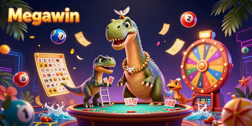 Megawin menghadirkan suasana kasino yang meriah dengan dinosaur 3D dan elemen permainan lotere yang berwarna-warni.