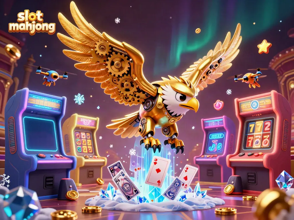 Engage with exhilarating slot mahjong action featuring a cybernetic eagle amidst vibrant casino symbols.