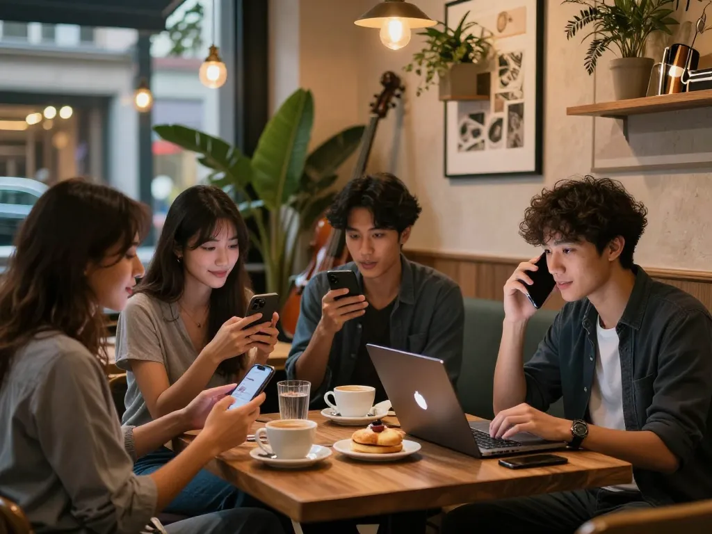 Group of young adults using nsfw ai chat in an urban cafe setting.
