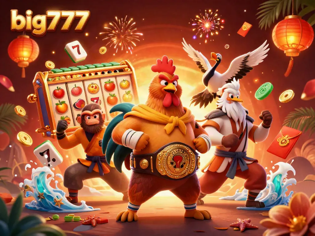 Experience big777's thrilling slot action with vibrant characters and symbols in a dynamic casino atmosphere.