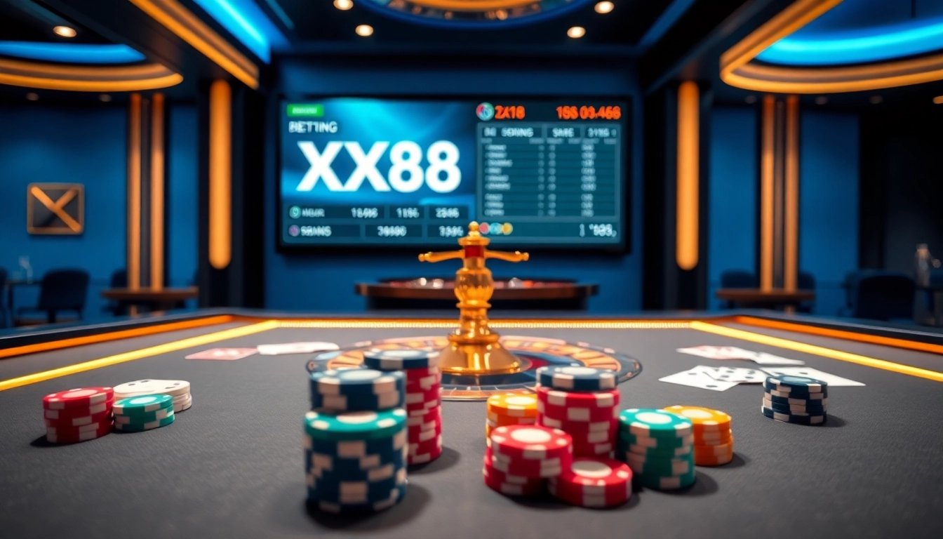 Experience the excitement at XX88 Casino with vibrant poker chips and live betting displays.