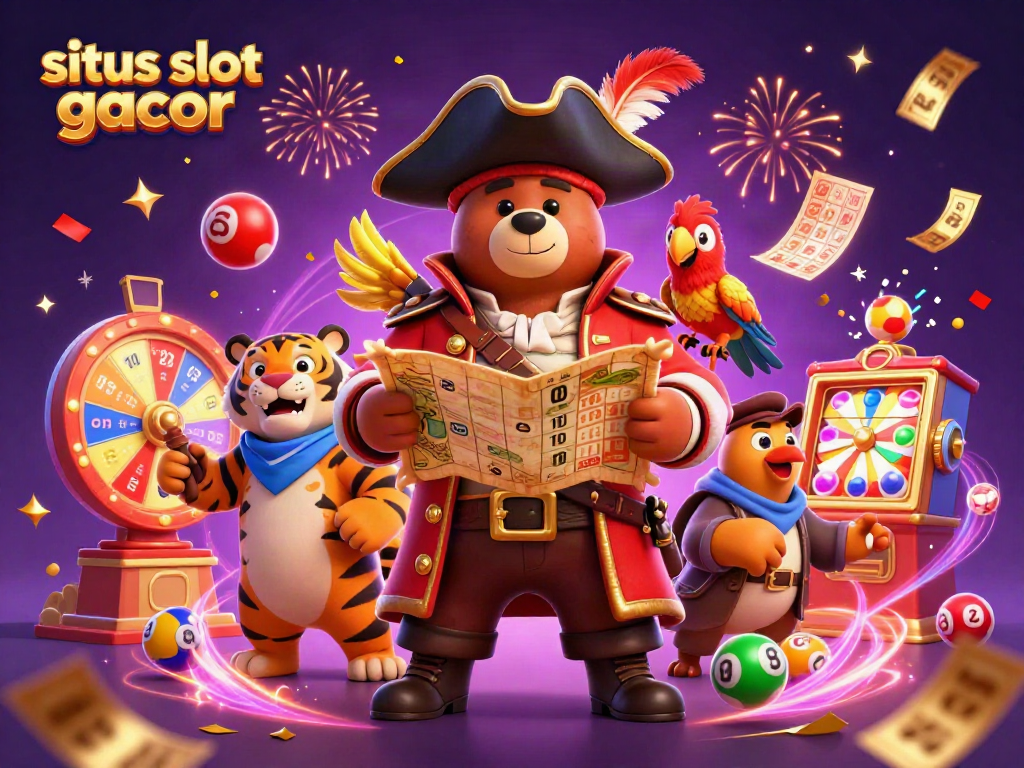 Engage with situs slot gacor in a vibrant, 3D pirate-themed illustration featuring lottery elements.