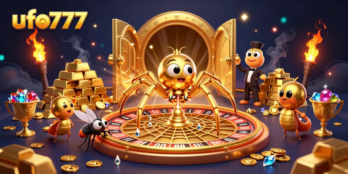 Engage with ufo777's thrilling bets as the golden spider spins a roulette wheel web.