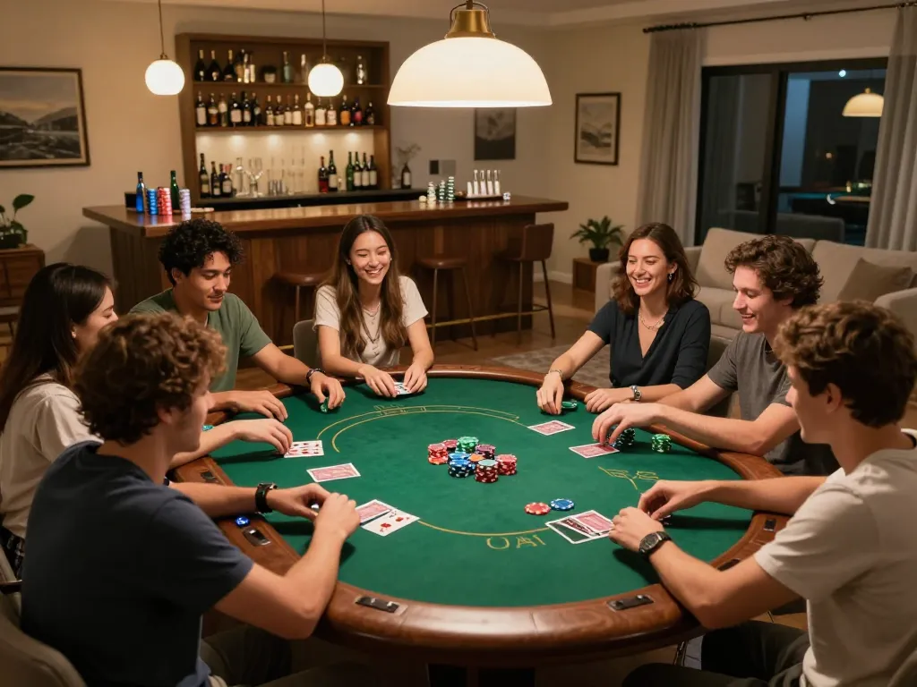 Friends enjoy a lively poker game at home while engaging with hm88 gaming strategies and camaraderie.