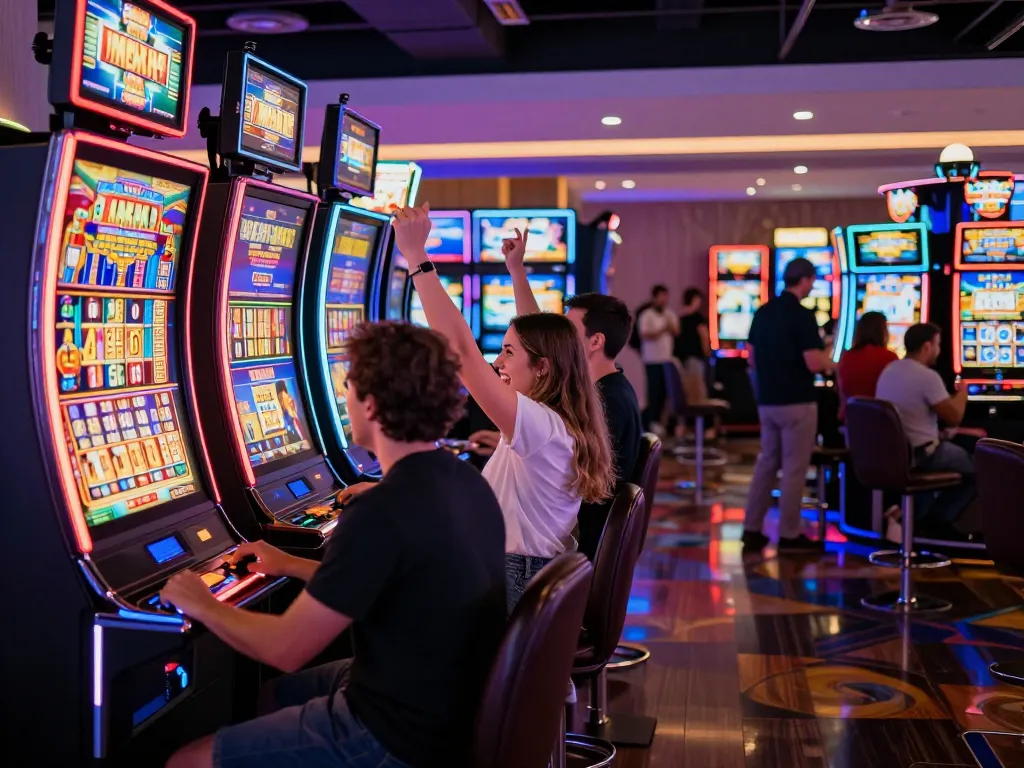 Player celebrating a win at a colorful slot gacor machine in a lively casino atmosphere.