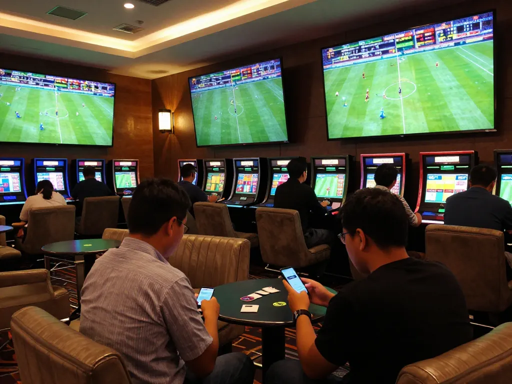 Betting odds on tỷ lệ kèo nhà cái displayed at a lively sports betting lounge with excited patrons.