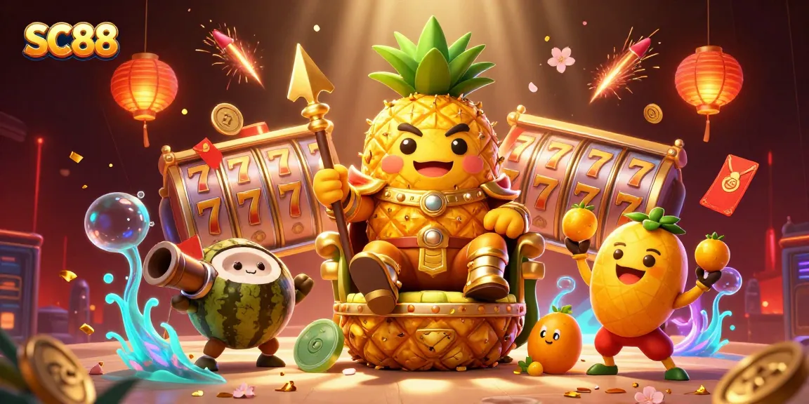 SC88's vibrant casino scene with the golden pineapple king, enchanting characters, and exciting slot action.