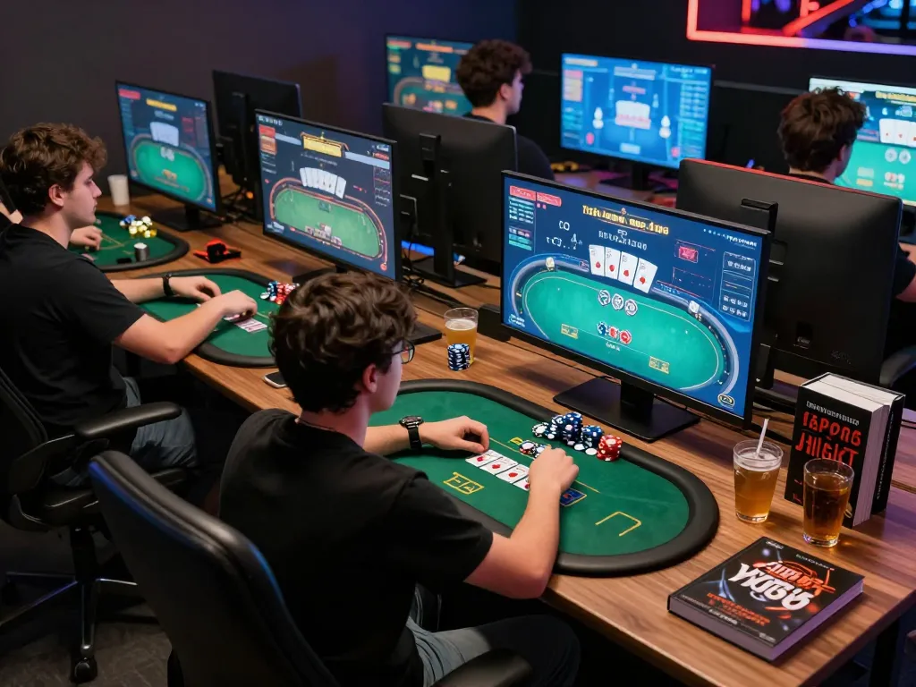 Engaging online gaming scene at 77WIN with multiple poker games displayed on screen, showcasing strategic betting.