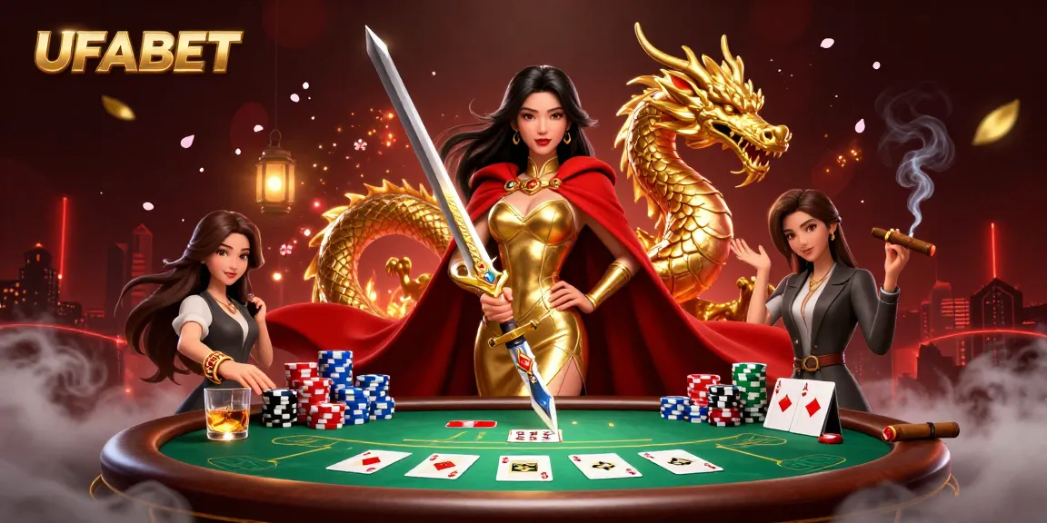 Experience the thrill of UFABET with a royal poker scene, showcasing a warrior queen and her dragon.