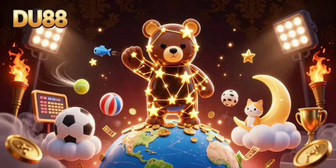 Engage with DU88 while enjoying a colorful casino-themed 3D illustration featuring dynamic sports elements.