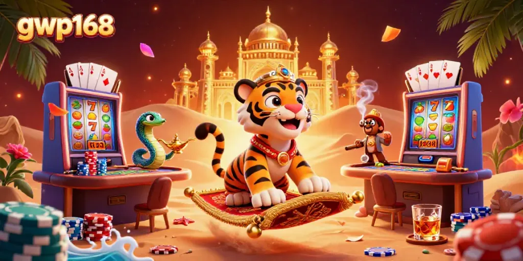 GWP168 mempesona dengan sultan harimau dan mesin slot beruntung dalam suasana kasino yang glamor.