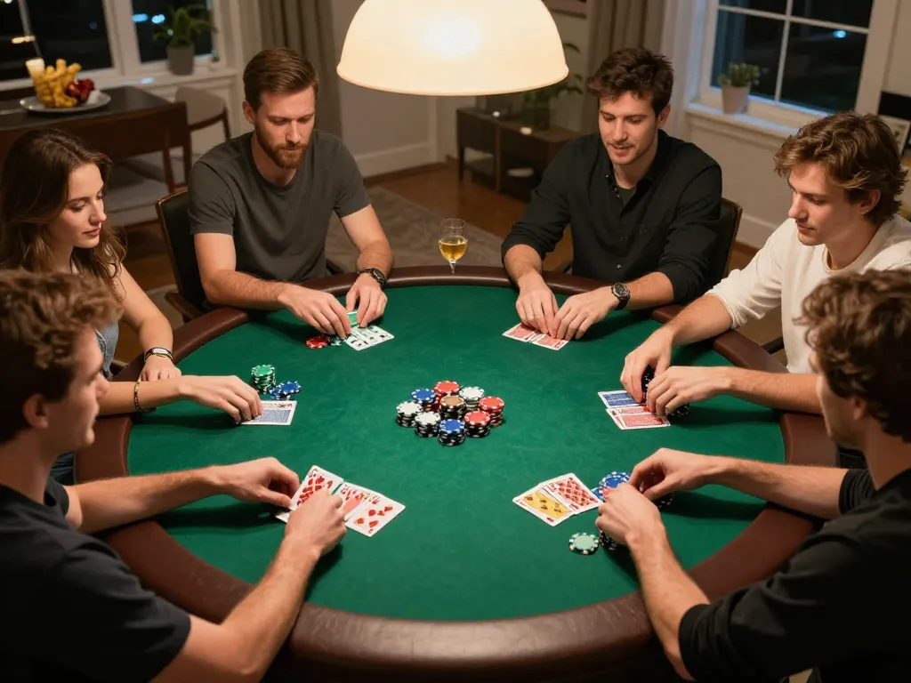 Players enjoying a friendly poker game at home, showcasing tr88 strategy and lively competition atmosphere.