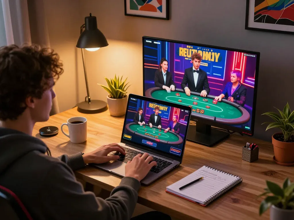 Person engaging with the tr88 online poker game at home, showing strategic involvement with warm ambient light